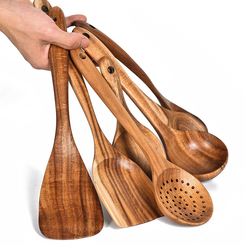 Stoviglie in legno naturale di teak, cucchiaio, mestolo, paletta, scolapasta, schiumarola per zuppa, set di utensili da cucina, cucchiaio, paletta, utensili da cucina