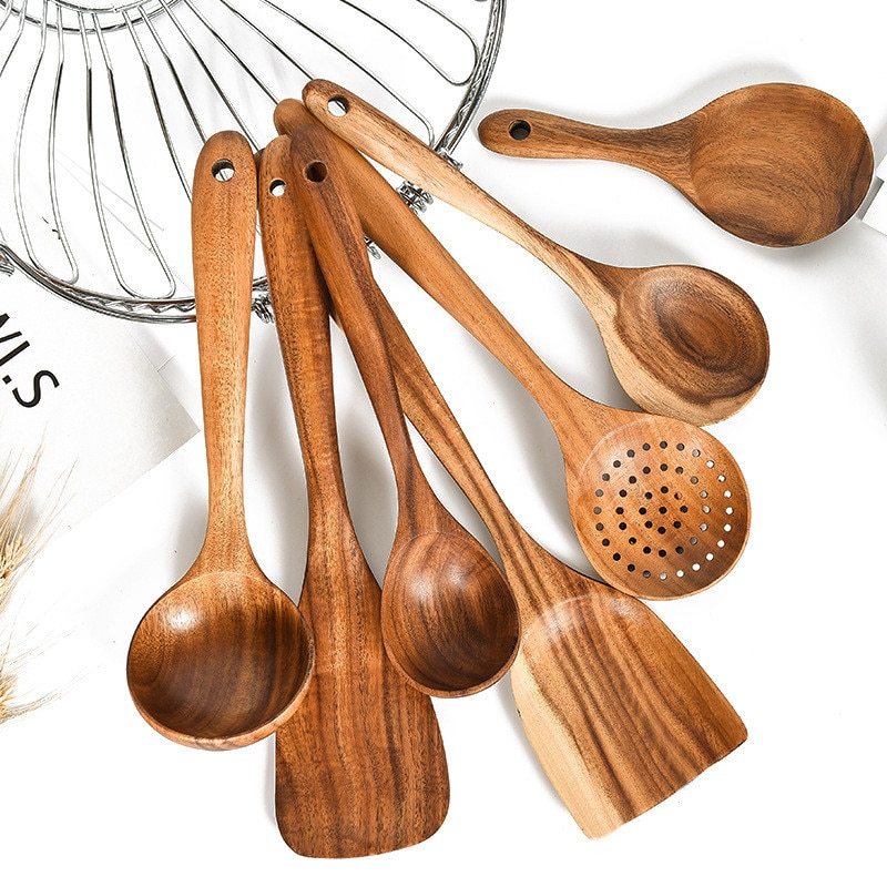 Stoviglie in legno naturale di teak, cucchiaio, mestolo, paletta, scolapasta, schiumarola per zuppa, set di utensili da cucina, cucchiaio, paletta, utensili da cucina