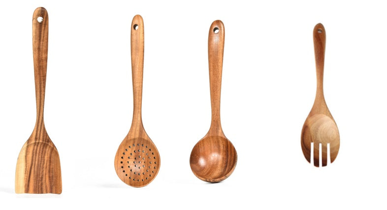 Stoviglie in legno naturale di teak, cucchiaio, mestolo, paletta, scolapasta, schiumarola per zuppa, set di utensili da cucina, cucchiaio, paletta, utensili da cucina