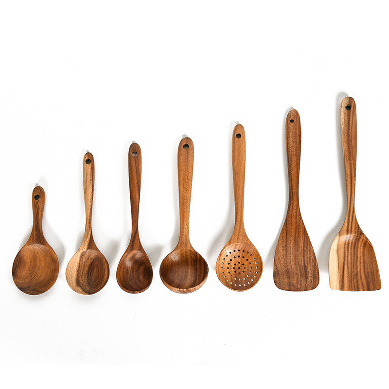 Stoviglie in legno naturale di teak, cucchiaio, mestolo, paletta, scolapasta, schiumarola per zuppa, set di utensili da cucina, cucchiaio, paletta, utensili da cucina