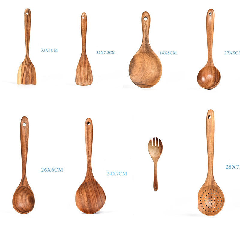 Stoviglie in legno naturale di teak, cucchiaio, mestolo, paletta, scolapasta, schiumarola per zuppa, set di utensili da cucina, cucchiaio, paletta, utensili da cucina