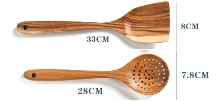 Stoviglie in legno naturale di teak, cucchiaio, mestolo, paletta, scolapasta, schiumarola per zuppa, set di utensili da cucina, cucchiaio, paletta, utensili da cucina